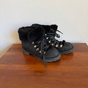 J.Crew Nordic Black Nubuck Leather Faux Sherling Lining Lace Up Boots Womens 6